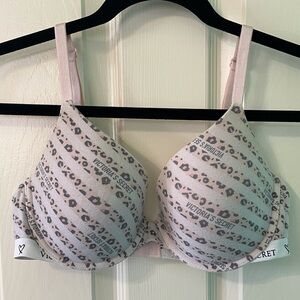 Pink leopard Victoria’s Secret body lined bra, 36C gently worn